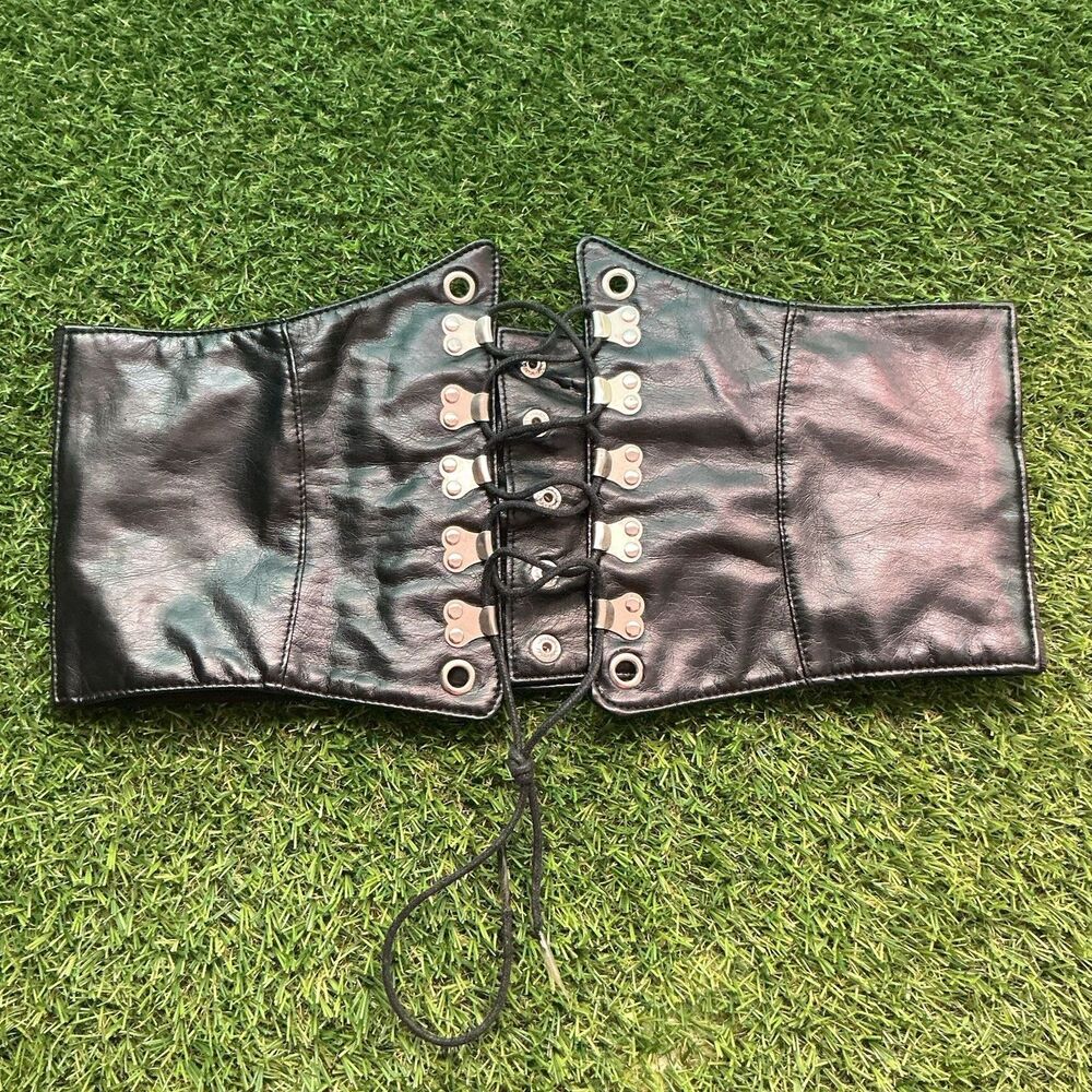 Black Lace Up Corset Waist Belt Wide Elastic Silver Hardware Gothic Steampunk